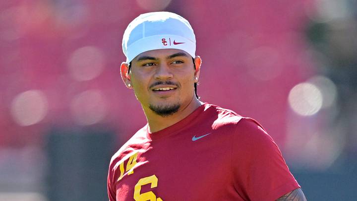 Oct 11, 2025; Los Angeles, California, USA;  USC Trojans quarterback Jayden Maiava (14) warms up prior to the game against the Michigan Wolverines at United Airlines Field at the Los Angeles Memorial Coliseum. Mandatory Credit: Jayne Kamin-Oncea-Imagn Images