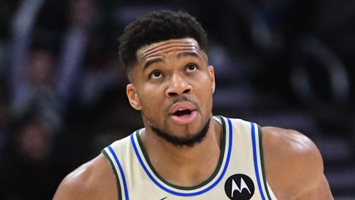 Milwaukee Bucks forward Giannis Antetokounmpo reacts after scoring his 21,000th career point against the Brooklyn Nets at Fiserv Forum on Nov 29, 2025.