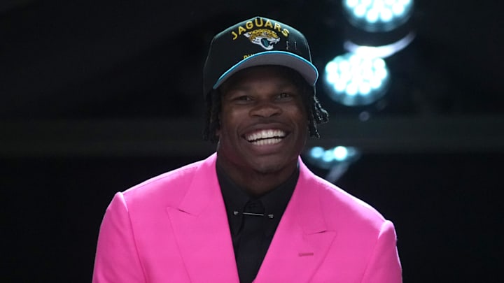 Apr 24, 2025; Green Bay, WI, USA; Colorado Buffaloes wide receiver Travis Hunter is selected by the Jacksonville Jaguars as the number two pick in the first round of the 2025 NFL Draft at Lambeau Field. Apr 24, 2025; Green Bay, WI, USA; Colorado Buffaloes wide receiver Travis Hunter is selected by the Jacksonville Jaguars as the number two pick in the first round of the 2025 NFL Draft at Lambeau Field.