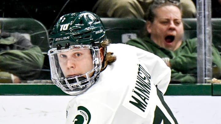 Michigan State's Tommi MŠnnistš moves the puck against Minnesota during the third period on Friday, Jan. 23, 2026, at Munn Ice Arena in East Lansing.