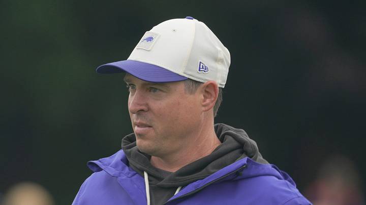 Bills defensive coordinator Jim Leonhard walks off the field after Bills Training Camp at St. John Fisher University on July 29, 2026 in Pittsford
