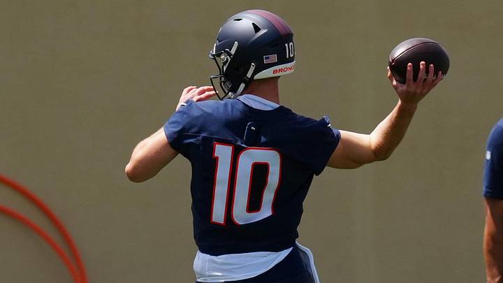Jun 16, 2026; Englewood, CO, USA; Denver Broncos 2025-2026 quarterback Bo Nix (10) during mini camp at Broncos Park. 