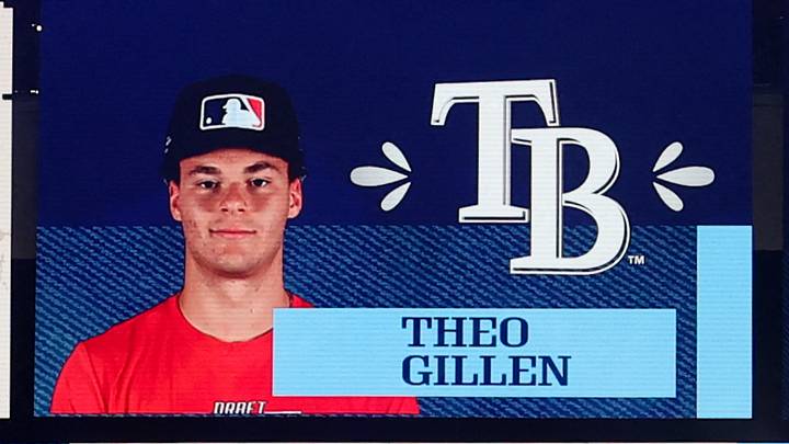 Jul 14, 2024; Ft. Worth, TX, USA; Theo Gillen is drafted by the Tampa Bay Rays with the 18th pick during the first round of the MLB Draft at Cowtown Coliseum. Mandatory Credit: Kevin Jairaj-USA TODAY Sports Jul 14, 2024; Ft. Worth, TX, USA; Theo Gillen is drafted by the Tampa Bay Rays with the 18th pick during the first round of the MLB Draft at Cowtown Coliseum. Mandatory Credit: Kevin Jairaj-USA TODAY Sports