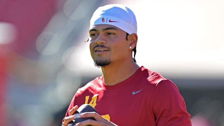Oct 11, 2025; Los Angeles, California, USA; USC Trojans quarterback Jayden Maiava (14) warms up prior to the game against the Michigan Wolverines at United Airlines Field at the Los Angeles Memorial Coliseum. Mandatory Credit: Jayne Kamin-Oncea-Imagn Images Oct 11, 2025; Los Angeles, California, USA; USC Trojans quarterback Jayden Maiava (14) warms up prior to the game against the Michigan Wolverines at United Airlines Field at the Los Angeles Memorial Coliseum. Mandatory Credit: Jayne Kamin-Oncea-Imagn Images