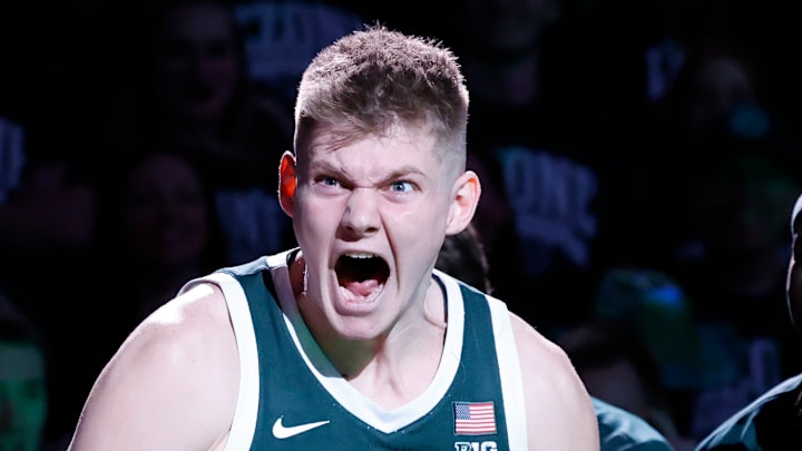 Michigan State's Jaxon Kohler yells after being introduced as a starter before a game against Northwestern at the Breslin Center on Thursday, Jan. 8, 2026.