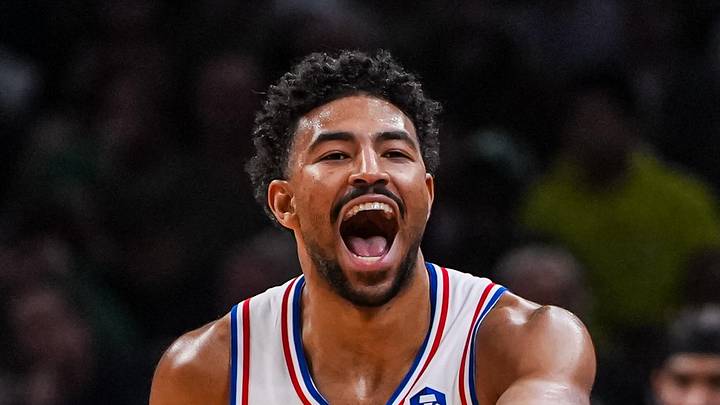 Philadelphia 76ers guard Quentin Grimes (5) reacts after his three point basket against the Boston Celtics in the second half during game five of the first round of the 2026 NBA Playoffs at TD Garden on Apr 28, 2026. Philadelphia 76ers guard Quentin Grimes (5) reacts after his three point basket against the Boston Celtics in the second half during game five of the first round of the 2026 NBA Playoffs at TD Garden on Apr 28, 2026.
