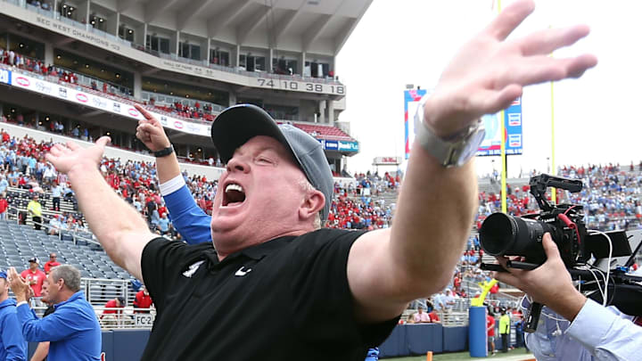Kentucky Wildcats coach  Mark Stoops reacts after defeating the Mississippi Rebels at Vaught-Hemingway Stadium. 