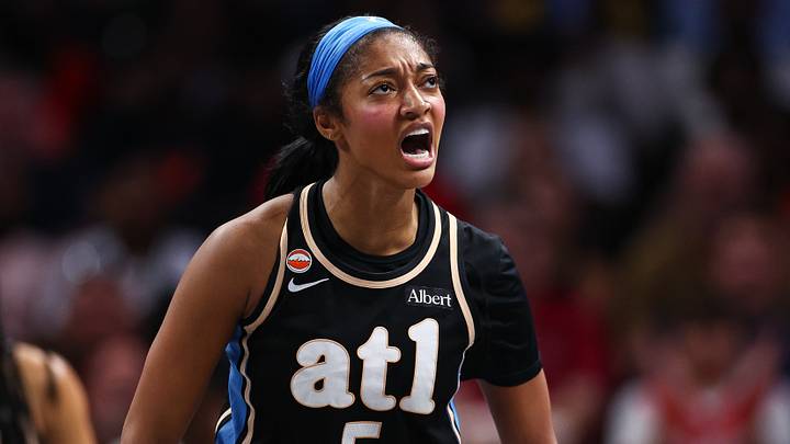 Atlanta, Georgia, USA; Atlanta Dream forward Angel Reese (5) reacts against the Indiana Fever during the third quarter at State Farm Arena on August 16, 2026. Atlanta, Georgia, USA; Atlanta Dream forward Angel Reese (5) reacts against the Indiana Fever during the third quarter at State Farm Arena on August 16, 2026.