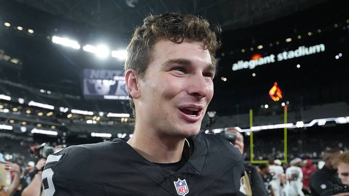 Aug 13, 2026; Paradise, Nevada, USA; Las Vegas Raiders quarterback Fernando Mendoza (15) reacts after the game against the Arizona Cardinals at Allegiant Stadium. Mandatory Credit: Kirby Lee-Imagn Images