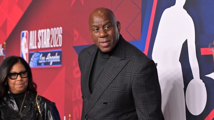 Feb 15, 2026; Los Angeles, CA, USA; Magic Johnson on the red carpet before the 75th NBA All-Star Game at Intuit Dome. Mandatory Credit: Jayne Kamin-Oncea-Imagn Images
