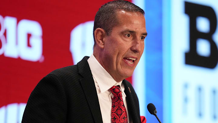 Jul 23, 2025; Las Vegas, NV, USA; Wisconsin head coach Luke Fickell speaks to the media during the Big Ten NCAA college football media days at Mandalay Bay Resort. Mandatory Credit: Lucas Peltier-Imagn Images