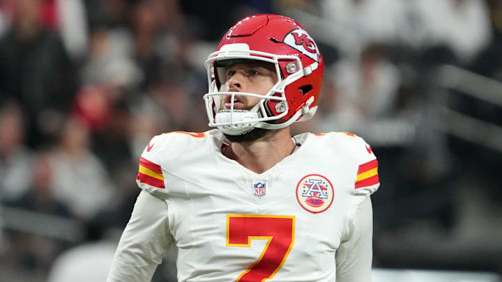 Kansas City Chiefs kicker Harrison Butker watches one of his kicks.