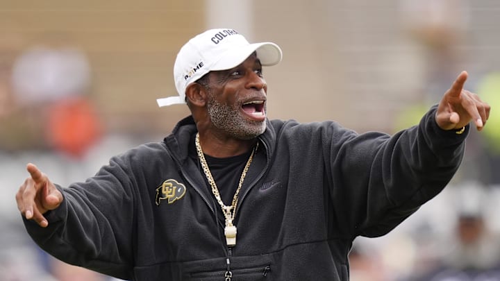 Oct 11, 2025; Boulder, Colorado, USA; Colorado Buffaloes head coach Deion Sanders before the game against the Iowa State Cyclones at Folsom Field. Mandatory Credit: Ron Chenoy-Imagn Images