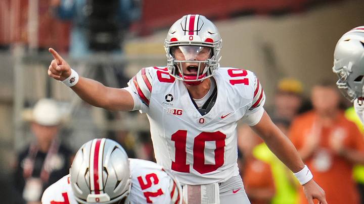 Ohio State Buckeyes quarterback Julian Sayin (10) takes a snap during the NCAA football game against the Texas Longhorns at Darrell K Royal–Texas Memorial Stadium in Austin, Texas on Sept. 12, 2026.