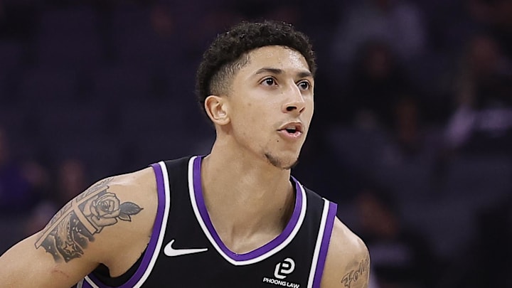 Mar 11, 2026; Sacramento, California, USA; Sacramento Kings guard Nique Clifford (5) gets set for a shot against the Charlotte Hornets during the first quarter at Golden 1 Center. Mandatory Credit: Kelley L Cox-Imagn Images