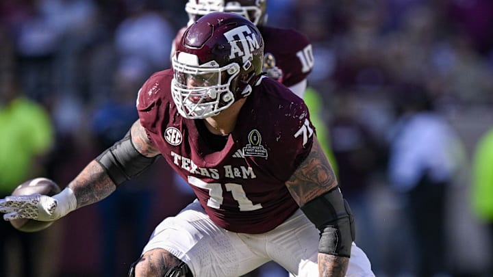 Dec 20, 2025; College Station, TX, USA; Texas A&M Aggies offensive lineman Chase Bisontis (71) blocks the rush during the game between the Aggies and the Hurricanes at Kyle Field. Mandatory Credit: Jerome Miron-Imagn Images