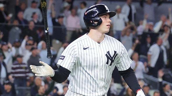 New York Yankees designated hitter Ben Rice (22) runs after hitting a grand slam home run against the Boston Red Sox during the eighth inning during game one of the Wildcard round for the 2026 MLB Playoffs at Yankee Stadium.  Mandatory Credit: Brad Penner-Imagn Images