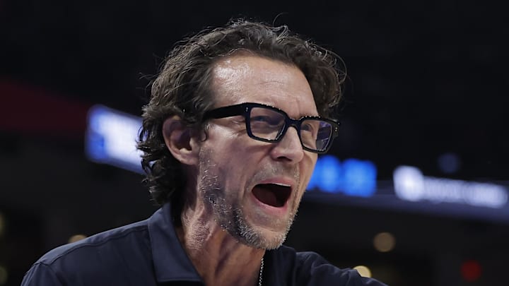 Dec 29, 2025; Oklahoma City, Oklahoma, USA; Atlanta Hawks head coach Quin Snyder gestures to his team during a play against the Oklahoma City Thunder during the second half at Paycom Center.