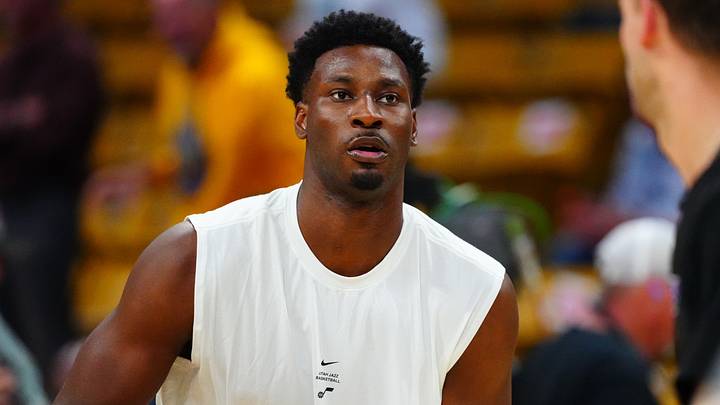 Oct 4, 2026; Boulder, Colorado, USA;  Utah Jazz forward Jaren Jackson Jr. (20) warms up before the preseason game against the Denver Nuggets at CU Events Center.  Mandatory Credit: Ron Chenoy-Imagn Images