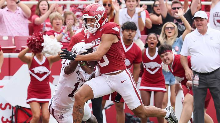 Arkansas Razorbacks wide receiver CJ Brown (3) scores a touchdown against the Alabama A&M Bulldogs during the third quarter at Razorback Stadium. Arkansas Razorbacks wide receiver CJ Brown (3) scores a touchdown against the Alabama A&M Bulldogs during the third quarter at Razorback Stadium.