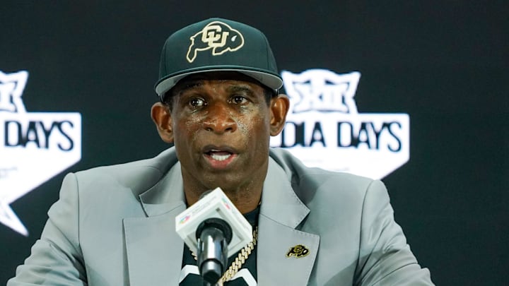 Jul 9, 2025; Frisco, TX, USA; Colorado head coach Deion Sanders speaks with the media during 2025 Big 12 Football Media Days at The Star. Mandatory Credit: Raymond Carlin III-Imagn Images