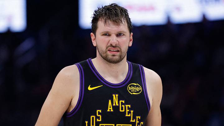 Apr 2, 2026; Oklahoma City, Oklahoma, USA; Los Angeles Lakers guard Luka Doncic (77) reacts after a play against the Oklahoma City Thunder during the second half at Paycom Center. Mandatory Credit: Alonzo Adams-Imagn Images Apr 2, 2026; Oklahoma City, Oklahoma, USA; Los Angeles Lakers guard Luka Doncic (77) reacts after a play against the Oklahoma City Thunder during the second half at Paycom Center. Mandatory Credit: Alonzo Adams-Imagn Images
