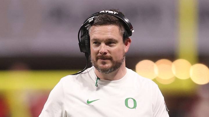 Jan 9, 2026; Atlanta, GA, USA; Oregon Ducks head coach Dan Lanning reacts during the first half of the 2025 Peach Bowl and semifinal game of the College Football Playoff against the Indiana Hoosiers at Mercedes-Benz Stadium. Jan 9, 2026; Atlanta, GA, USA; Oregon Ducks head coach Dan Lanning reacts during the first half of the 2025 Peach Bowl and semifinal game of the College Football Playoff against the Indiana Hoosiers at Mercedes-Benz Stadium.
