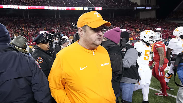 Dec 21, 2024; Columbus, Ohio, USA; Tennessee Volunteers head coach Josh Heupel leaves the field following the College Football Playoff first round game against the Ohio State Buckeyes at Ohio Stadium. Ohio State won 42-17. Mandatory Credit: Adam Cairns-Imagn Images