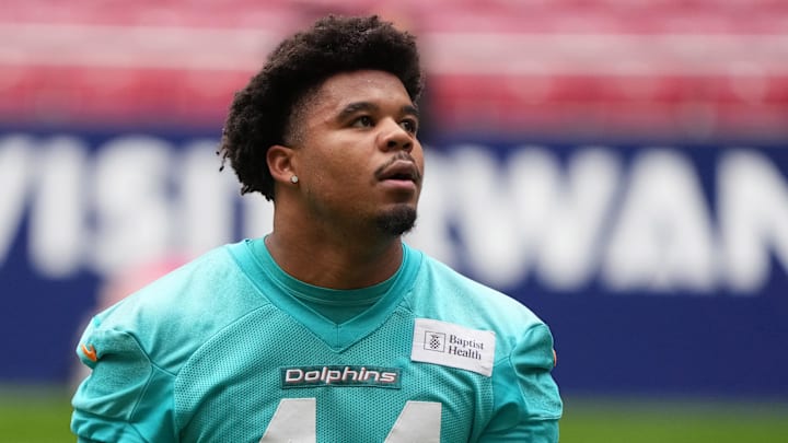 Nov 14, 2025; Madrid, Spain; Miami Dolphins linebacker Chop Robinson (44) during practice at Estadio Riyadh Air Metropolitano. Mandatory Credit: Kirby Lee-Imagn Images