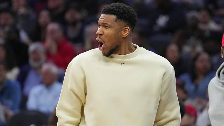Milwaukee Bucks forward Giannis Antetokounmpo reacts (Mandatory Credit: Kyle Ross-Imagn Images)