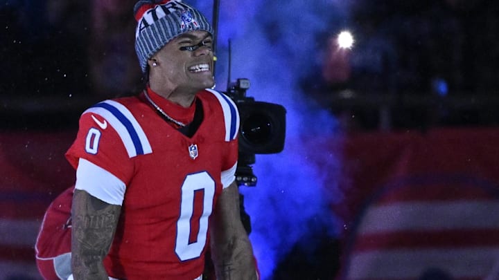 Dec 1, 2025; Foxborough, Massachusetts, USA; New England Patriots cornerback Christian Gonzalez (0) runs onto the field prior to the game against the New York Giants at Gillette Stadium. Dec 1, 2025; Foxborough, Massachusetts, USA; New England Patriots cornerback Christian Gonzalez (0) runs onto the field prior to the game against the New York Giants at Gillette Stadium.