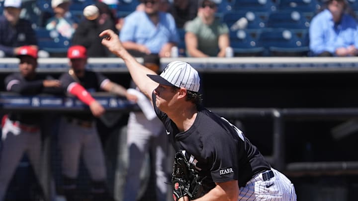 Mar 6, 2025; Tampa, Florida, USA;New York Yankees pitcher Gerrit Cole (45) throws a pitch against the Minnesota Twins during the first inning at George M. Steinbrenner Field. Mar 6, 2025; Tampa, Florida, USA;New York Yankees pitcher Gerrit Cole (45) throws a pitch against the Minnesota Twins during the first inning at George M. Steinbrenner Field.