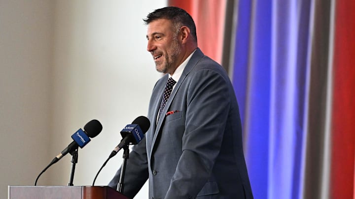 Jan 13, 2025; Foxborough, MA, USA; Mike Vrabel addresses media at a press conference to announce his hiring as the New England Patriots head coach at Gillette Stadium. Mandatory Credit: Eric Canha-Imagn Images Jan 13, 2025; Foxborough, MA, USA; Mike Vrabel addresses media at a press conference to announce his hiring as the New England Patriots head coach at Gillette Stadium. Mandatory Credit: Eric Canha-Imagn Images