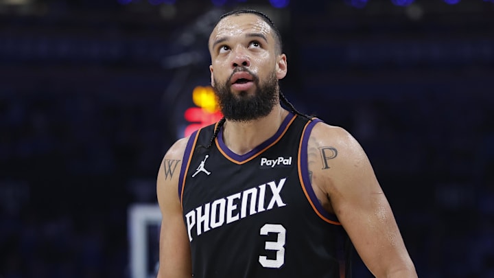 Apr 19, 2026; Oklahoma City, Oklahoma, USA; Phoenix Suns forward Dillon Brooks (3) looks at the scoreboard after a play against the Oklahoma City Thunder in the second half during game one of the first round of the 2026 NBA Playoffs at Paycom Center. Mandatory Credit: Alonzo Adams-Imagn Images