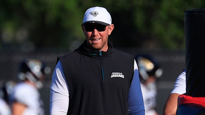 Jacksonville Jaguars head coach Liam Coen looks on during an NFL training camp session at the Miller Electric Center, Tuesday, July 29, 2025, in Jacksonville, Fla. [Corey Perrine/Florida Times-Union]