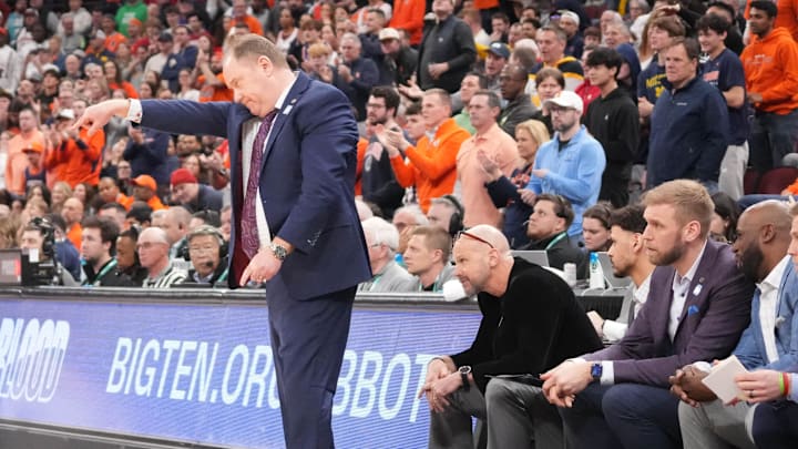 Mar 13, 2026; Chicago, IL, USA; Wisconsin Badgers head coach Greg Gard gestures to his team against the Illinois Fighting Illini during the second half at United Center. Mandatory Credit: David Banks-Imagn Images