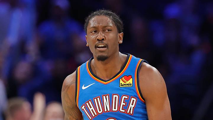 Oct 22, 2026; Oklahoma City, Oklahoma, USA; Oklahoma City Thunder guard Jalen Williams (8) reacts after a basket against the Denver Nuggets during the second half at Paycom Center. Mandatory Credit: Alonzo Adams-Imagn Images