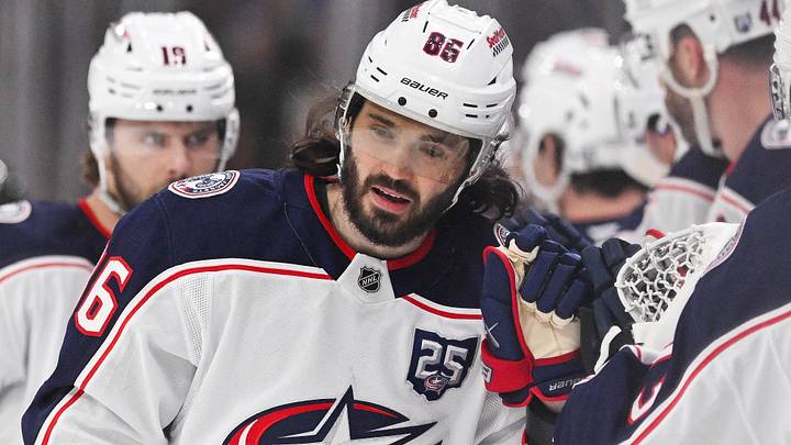 Feb 26, 2026; Boston, Massachusetts, USA; Columbus Blue Jackets right wing Kirill Marchenko (86) celebrates a goal against the Boston Bruins with his teammates during the first period at TD Garden. Mandatory Credit: Eric Canha-Imagn Images