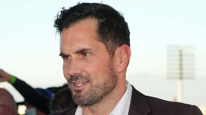 Nov 29, 2021; Los Angeles, CA, USA; Matt Leinart attends a press conference to introduce Riley as Southern California Trojans head coach at the Los Angeles Memorial Coliseum. Mandatory Credit: Kirby Lee-Imagn Images