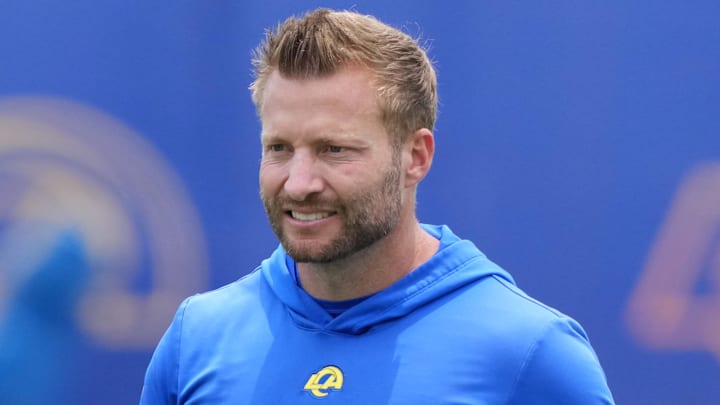 Jun 3, 2025; Woodland Hills, CA, USA; Los Angeles Rams coach Sean McVay during organized team activities at Rams Practice Facility. Mandatory Credit: Kirby Lee-Imagn Images