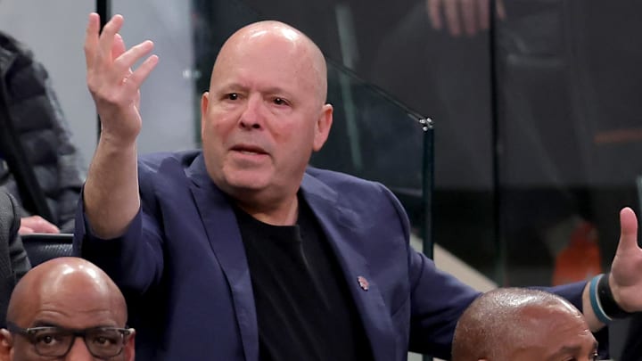 Nov 5, 2025; New York, New York, USA; New York Knicks executive vice president William Wesley (left) and president Leon Rose watch during the fourth quarter against the Minnesota Timberwolves at Madison Square Garden. Mandatory Credit: Brad Penner-Imagn Images
