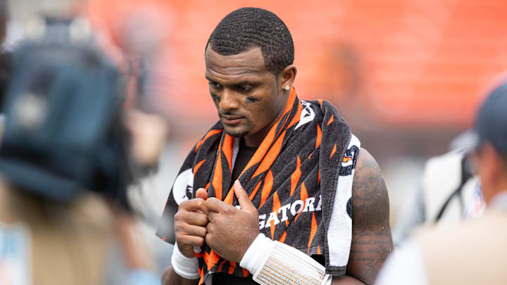 Sep 22, 2024; Cleveland, Ohio, USA; Cleveland Browns quarterback Deshaun Watson (4) after the game against the New York Giants at Huntington Bank Field. Mandatory Credit: Scott Galvin-Imagn Images Sep 22, 2024; Cleveland, Ohio, USA; Cleveland Browns quarterback Deshaun Watson (4) after the game against the New York Giants at Huntington Bank Field. Mandatory Credit: Scott Galvin-Imagn Images