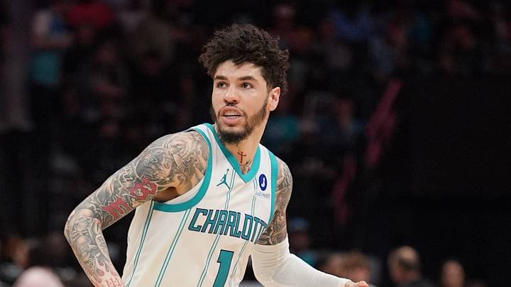 Apr 14, 2026; Charlotte, North Carolina, USA; Charlotte Hornets guard LaMelo Ball (1) moves the ball during the second half during the play-in rounds between the Charlotte Hornets and the Miami Heat of the 2026 NBA Playoffs at Spectrum Center. Mandatory Credit: Jim Dedmon-Imagn Images