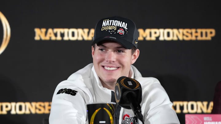 Jan 21, 2025; Atlanta, GA, USA; Ohio State Buckeyes quarterback Will Howard during CFP National Championship Champions press conference at The Westin Peachtree Plaza, Savannah Ballroom. Mandatory Credit: Kirby Lee-Imagn Images