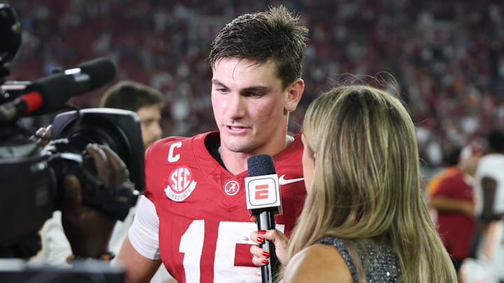 Alabama Crimson Tide quarterback Ty Simpson (15) is interviewed after the game against the Tennessee Volunteers Alabama Crimson Tide quarterback Ty Simpson (15) is interviewed after the game against the Tennessee Volunteers