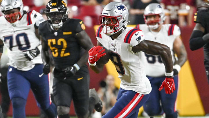 Former New England Patriots wide receiver Matt Landers (9) runs after the catch during the second half against the Washington Commanders at Commanders Field.