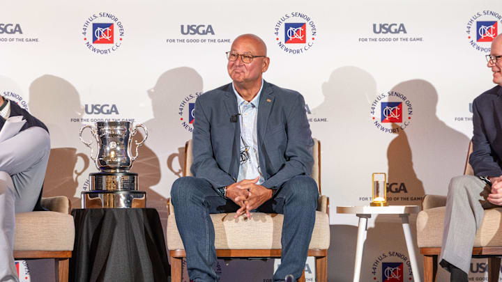 Ben Kimball, left, USGA Senior Open Championship director, former Boston Red Sox Manager Terry Francona, honorary chairman of the 2024 tournament, and USGA staffer Hank Thompson at Media Day on Tuesday in Newport.