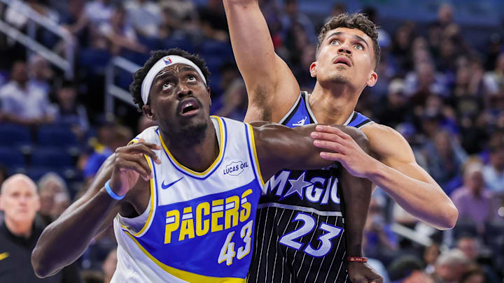 Mar 23, 2026; Orlando, Florida, USA; Indiana Pacers forward Pascal Siakam (43) and Orlando Magic forward Tristan da Silva (23) look for the rebound during the first quarter at Kia Center. Mandatory Credit: Mike Watters-Imagn Images