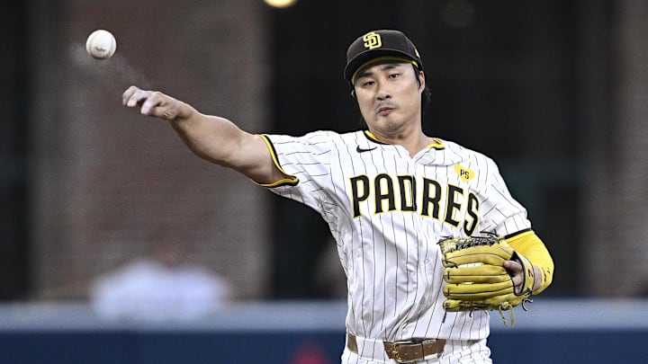 San Diego Padres shortstop Ha-Seong Kim (7) throws to first base against the Pittsburgh Pirates during the third inning at Petco Park. 
