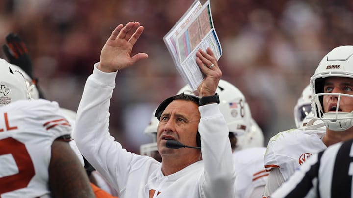 Oct 25, 2025; Starkville, Mississippi, USA; Texas Longhorns head coach Steve Sarkisian reacts to a replay on the video scoreboard during the second quarter against the Mississippi State Bulldogs at Davis Wade Stadium at Scott Field. Mandatory Credit: Petre Thomas-Imagn Images Oct 25, 2025; Starkville, Mississippi, USA; Texas Longhorns head coach Steve Sarkisian reacts to a replay on the video scoreboard during the second quarter against the Mississippi State Bulldogs at Davis Wade Stadium at Scott Field. Mandatory Credit: Petre Thomas-Imagn Images